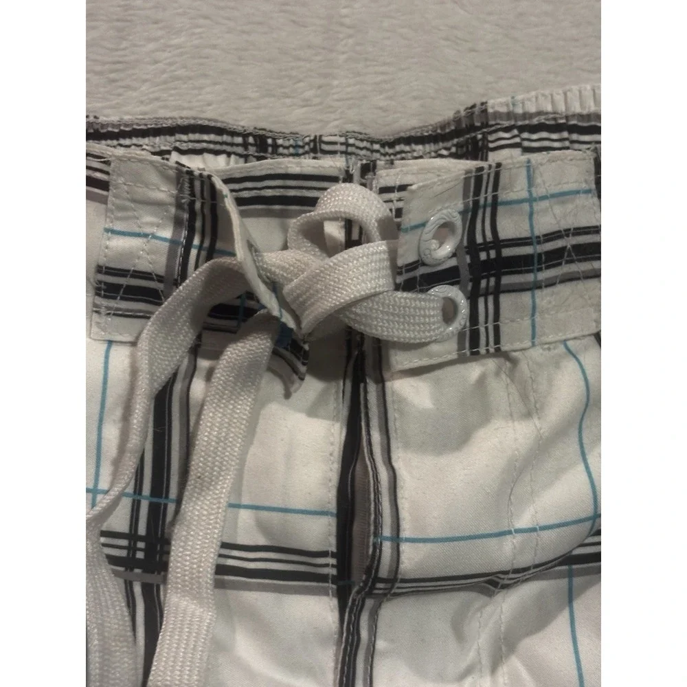 OP Ocean Pacific Opflex Men's Lg 36-38 Board Shorts Plaid White Y2K Style Swim